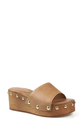 Candie's Jewell Platform Wedge Slide Sandal in Tan Leather at Nordstrom, Size 10
