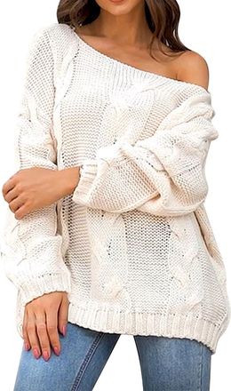 Generic Cable Knit Jumper Women Sexy Off The Shoulder Knitted Jumpers Autumn Winter Pullover Holiday Sweaters Dressy Casual Fashion Knitwear Baggy Crochet Swe