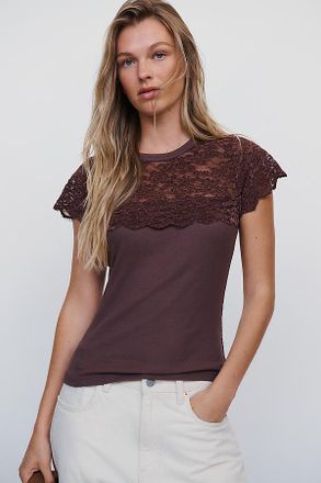 Pilcro Chenille Lace Trim Ribbed Tee