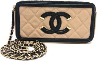 Chanel Beige Black Grained Calfskin Chain/Shoulder Wallet (Pre-Owned)