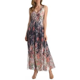 Komarov Floral Border Long Dress with Lace Up Back Detail in Spider Orchid at Nordstrom, Size X-Small