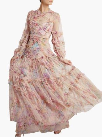 Needle & Thread Floral Diamond Ruffle Gown in Topaz Pink at Nordstrom, Size 14