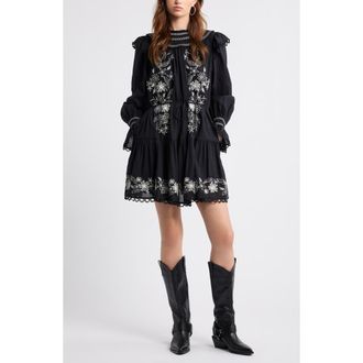 Treasure & Bond Smocked Embroidered Long Sleeve Minidress in Black-Ivory Embroidered Floral at Nordstrom, Size Xx-Small