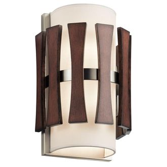 Loops Twin Wall Light Stained Wood Panels White Fabric Shade Stained Wood LED E14 60W
