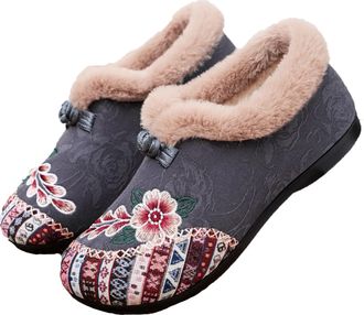 Generic Womens Warm Floral Embroidered Winter Shoes,Warms Fur Lined Floral Embroidereds Ankle Bootie,Womens Winter Ankle Boots Embroidered Shoes,Women Warm Wi