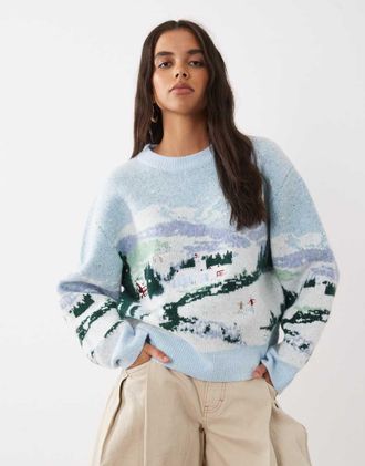 Asos premium maglione ricamato con paesaggio blu-Multicolore