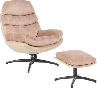 Beliani Sillón giratorio de terciopelo con reposapiés base simple estilo mediados de siglo beige Eide