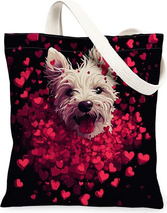 Generic Valentines Day Havanese Dog Canvas Tote Bag for Shopping 13x15, Fun Heart Puppy Reusable Grocery Print Bag for Women, Lover Pet Beach Aesthetic Painti