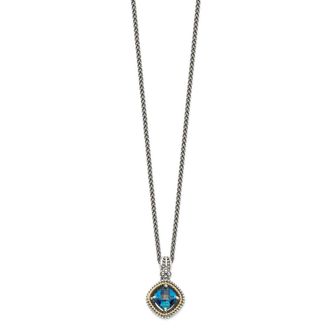 Diamond2Deal Sterling Silver with 14K Accent Cushion London Blue Topaz Pendant Necklace
