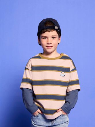 Vertbaudet Gestreiftes Jungen Langarmshirt im Lagenlook mittelblau