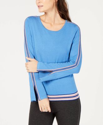 Alfani Womens Varsity Striped Trim Sweater In Cobalt Sea