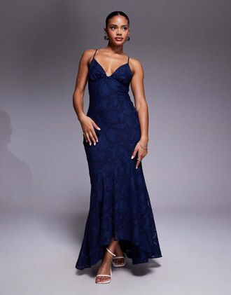 Princess Polly Cyrene - Vestito lungo blu navy d&eacute;vor&eacute; a fiori con scollo profondo, schiena scoperta con fascette sottili e fondo asimmetrico a sirena