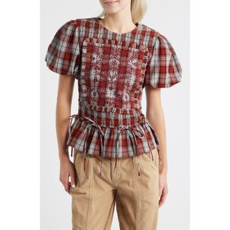 Damson Madder Audrey Plaid Smocked Puff Sleeve Organic Cotton Top in Red/Grey at Nordstrom, Size 14 Us