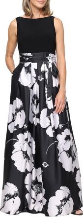 S.L. Fashions Floral Print Satin Gown in Black Ivory at Nordstrom, Size 14