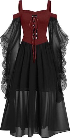 Generic Halloween Dress Women Plus Size, Vintage Lace Renaissance Medieval Victorian Gothic Dress Cold Shoulder Flutter Sleeve Retro Steampunk Costume Rockabi