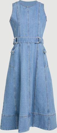 Karen Millen Womens Denim Dropped Waist Full Skirted Midi Dress - Blue Cotton - Size 16 UK