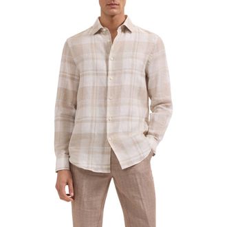 Bugatchi Julian Shaped Fit Plaid Linen Button-Up Shirt in Sand at Nordstrom, Size X-Large