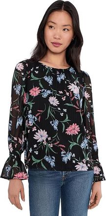 CeCe by Cynthia Steffe Long Sleeve Smocked Cuff Crew Neck Top Womens Clothing Rich Black : SM, Polyester