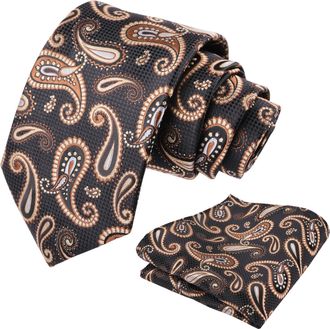 Alizeal Mens Paisley Jacquard Necktie and Hanky Set for Party Wedding Retro Tie and Pocket Square Set, Black+Khaki
