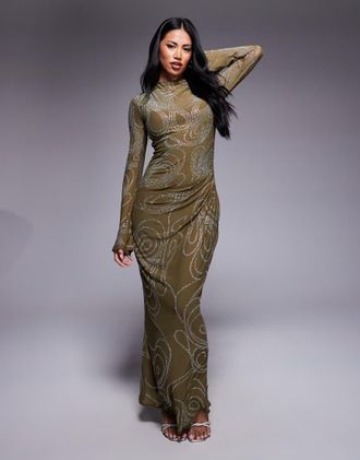 Asos Vestito lungo a maniche lunghe color verde oliva scuro con decorazioni artistiche applicate a caldo e gonna arricciata