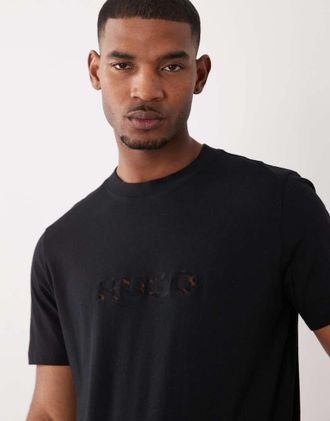 HUGO BOSS HUGO Red - T-shirt in jersey di cotone nera con stampa del logo-Nero
