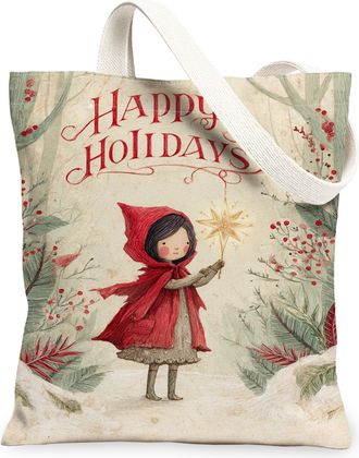 Generic Happy Holidays Canvas Tote Bags, Winter Forest Design Reusable Grocery Bags, Vintage Lightweight Washable Shoulder Strap Ca, Red, 13x15 Inch