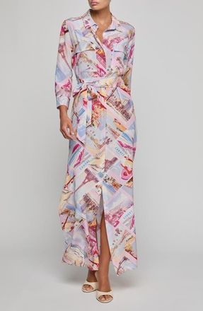 L'agence Cameron Print Long Sleeve Silk Maxi Shirtdress in Pink Postcard Print at Nordstrom, Size X-Small