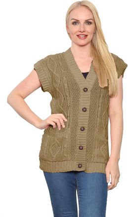 Janisramone Button up Sleeveless Cardigans for Women, V Neck Cable Knitted Vest with Front Pockets, Comfortable Warm 5 Button Ladies Cardigan Khaki