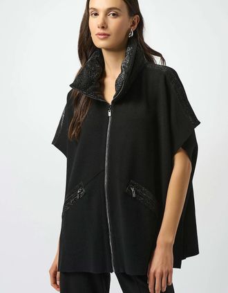 Joseph Ribkoff Womens Faux leather trimmed poncho sleeve jacket - Black - Size: 22/26/24/28/6/14/10/16/18/20/2/4/8/12
