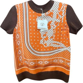 Herm&egrave;s Orange and Brown Silk Blend Short Sleeve Twillaine Top Size M