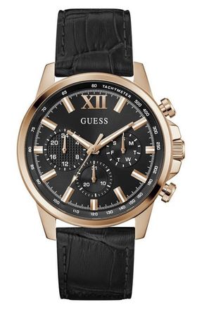 Guess Walker Black Dial Multifunction Leather Strap Watch, 44mm at Nordstrom