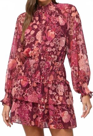 Fate Chiffon Floral Lurex Smocked Waist Dress In Wine