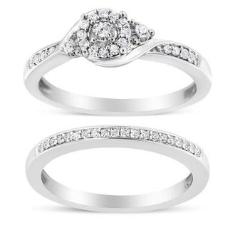 House of Brilliance Silver 1/4 Cttw Diamond Halo and Swirl Engagement Ring and Wedding Band Set in White at Nordstrom, Size 7
