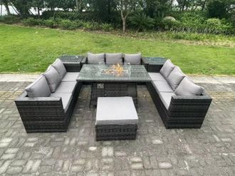 Fimous Outdoor Rattan U Shape Furniture Gas Fire Pit Table Sets Heater Sofa Footstool in Dark Grey