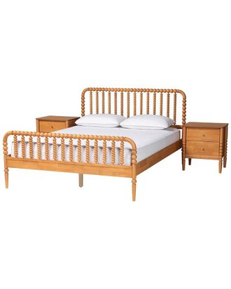 Baxton Studio Lucera Mid-Century Queen Size 3Pc Bobbin Bedroom Set