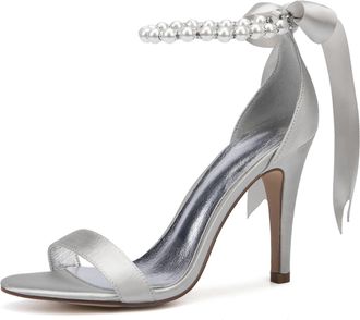 Generic Wedding Shoes Womens Satin Ankle Strap Bridal High Heelsheeled Open Toe Prom Party Dress Stiletto Sandals 10.5Cm,Silver,4 UK