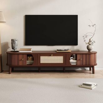 Merax 170cm TV Cabinet with Slatted Wood Doors & Rattan Drawers in Walnut