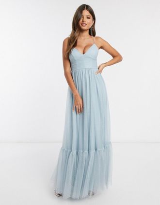 Asos cami spot tulle mesh pep hem maxi dress in blue-Blues