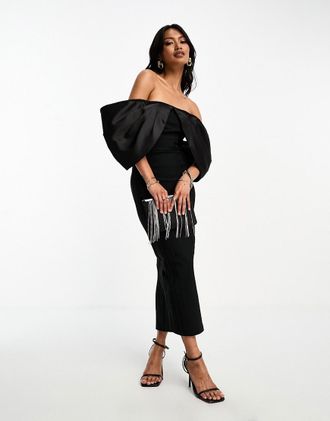 Asos Vestito midi aderente nero con spalle scoperte e scollo Bardot