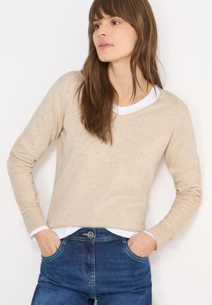Cecil Strickpullover CECIL, Damen, Gr. XXL (46), egg beige melange, Strick, Obermaterial: 60% Baumwolle, 40% Viskose, unifarben, normal h&uuml;ftbedeckend, V-Aus