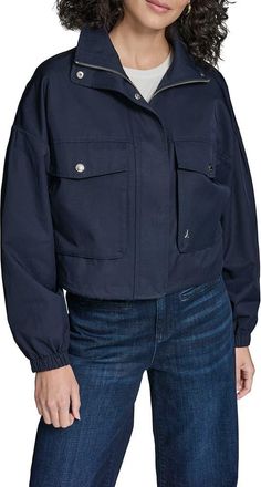 Karl Lagerfeld Water Resistant Crop Cotton Blend Bomber Jacket in Navy at Nordstrom, Size X-Small