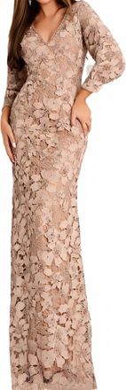 Jovani Floral Lace Sleeve Evening Gown In Beige