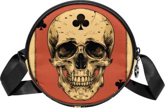 Generic Circle Crossbody Bag for Women, Skull Card Small Sling Bag Daypack with Zipper Adjustable Shoulder Straps Casual Ladies Girls Round Purse