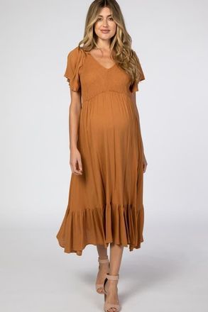 Pinkblush Smocked V-Neck Midi Dress in Brown at Nordstrom, Size Medium