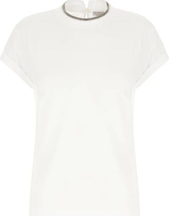 Brunello Cucinelli T-shirt met kostbare imitatie layering - Dames - T-shirts - Wit - M - Katoen - Tops