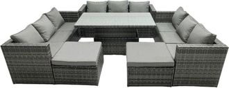 Fimous Rattan Dining Table Sofa Set with 2 Big Stool Outdoor 11 Seat Garden Furniture Set Dark Grey Mixed - Fimous