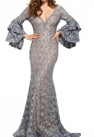 Jovani Long Sleeve Mermaid Lace Dress In Silver