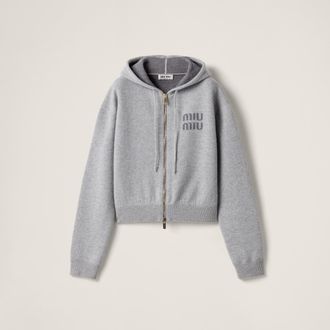 Miu Miu Double Cashmere Zipper Hoodie Cardigan, Woman, Grey, Size 36