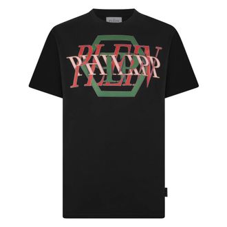 Philipp Plein Tops, Heren, Zwart, XL, Katoen, T-shirt met Ronde Hals Logo Hexagon