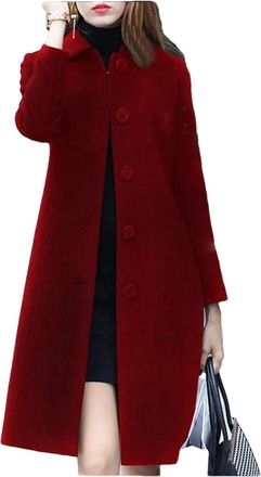 Generic Woman Elegant Pocket Slim Solid Button Wool Coat Long Sleeve Jackets Burgundy XXL